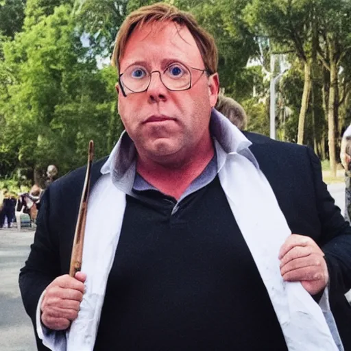 Prompt: photo of alex jones cosplaying harry potter.