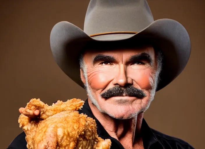 Image similar to studio portrait photo still of 3 0 year old burt reynolds at age 3 0 3 0 years old!!!! wearing a cowboy hat holding a bucket of fried chicken, 8 k, 8 5 mm f 1. 8, studio lighting, rim light, right side key light