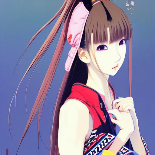 Image similar to a beautiful japanese lalisa alluring gravure model, wearing oversized designer bomber jacket and leotard, bulky poofy bomber jacket with mesoamerican patterns, mesoamerican native street fashion, gapmoe yandere grimdark, trending on pixiv fanbox, painted by greg rutkowski makoto shinkai takashi takeuchi studio ghibli, akihiko yoshida