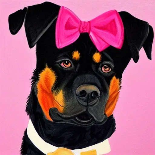 Prompt: a painting of a rottweiler with a pink hair bow, tongue sticking out