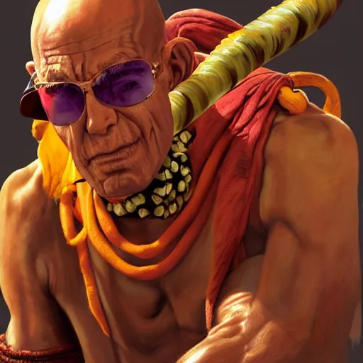 Image similar to hunter s. thompson as dhalsim street fighter, ultra realistic, concept art, intricate details, highly detailed, photorealistic, octane render, 8 k, unreal engine, art by frank frazetta, simon bisley, brom