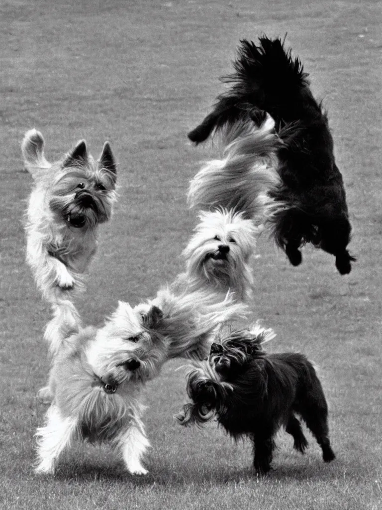 Prompt: a gray german spitz fights a white west highland terrier, disney style, 1 9 7 0 s