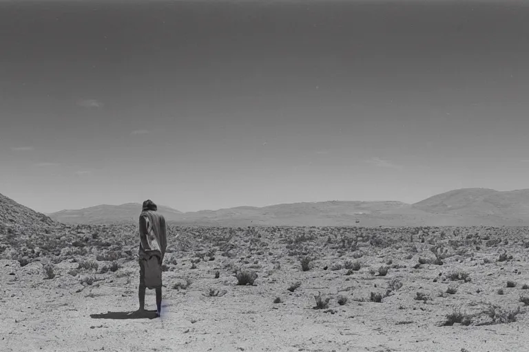 Prompt: matte painting of Deserted terrain, I would even say wasteland. In the foreground (closest to the viewer) is a small hill, languishing in the shadows. A traveler stands on it and looks out into the distance. And in the distance, already in the sunlight, on the flat surface of the desert, stands a huge (skyscraper-sized) cross, half-sided and slightly beveled to the right (from the viewer) side. The cross itself is made of gold, full of patterns and glowing blue elements. And on the sides and behind it, as well as from the side beams hang huge numerous semblances of tentacles in black, from the cross itself also oozes black liquid. In the background even farther away are also deserted hills and uplands. The cross itself and the area around it is illuminated by bright golden sunlight breaking through the clouds. And in the sky, as if floating, fish, whales, and other marine life are flying, rutkowski