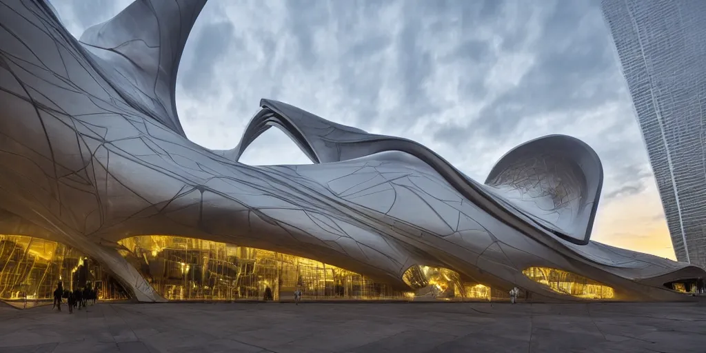 Image similar to extremely detailed ornate stunning sophisticated beautiful elegant futuristic museum exterior by Zaha Hadid, Milan buildings in the background, smooth curvilinear design, stunning volumetric light, stainless steal, concrete, translucent material, beautiful sunset, tail lights