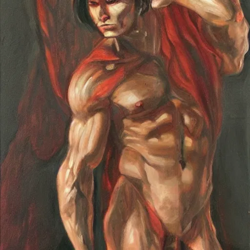 Image similar to a hot muscular cambian demon man in a great hall, portrait, realistic painting