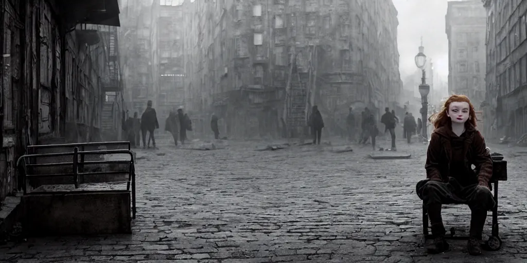 Image similar to mid shot of sadie sink in hoodie sits on bench in ruined square, pedestrians walk by | steampunk tenement windows in background : 3 5 mm film, anamorphic, from schindler's list by steven spielberg. cyberpunk, cinematic atmosphere, detailed and intricate, perfect anatomy