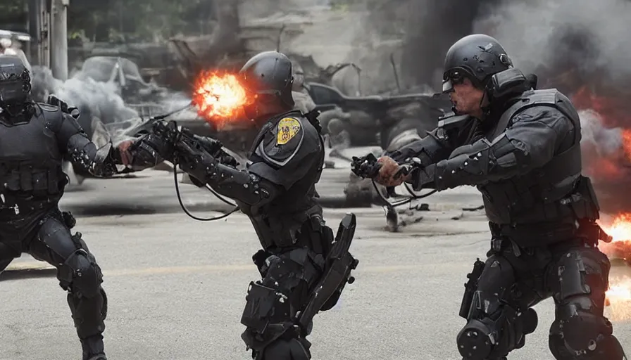 Prompt: big budget action movie about demonic battle cyborg fighting a policeman