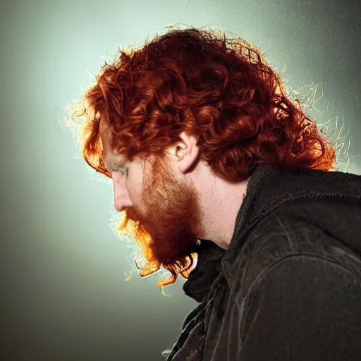 Image similar to side profile of a rugged man with curly red hair wearing a green cloak playing a guitar portrait, atmospheric lighting, painted, intricate, volumetric lighting, beautiful, rich deep colours masterpiece, golden hour, sharp focus, ultra detailed, by leesha hannigan, ross tran, thierry doizon, kai carpenter, ignacio fernandez rios