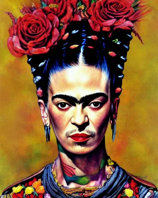 Image similar to portrait of a skinny punk frida kahlo wearing armor by simon bisley, john blance, frank frazetta, fantasy, thief warrior, floral flowers colorful