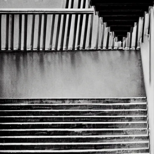 Prompt: black and white press photograph, highly detailed space of stairs, stairs and stairs, detailed textures, natural light, mist, architecture photography, film grain, soft vignette, sigma 8 5 mm f / 1. 4 1 / 1 0 sec shutter, darren aronofsky film still promotional image, imax 7 0 mm footage