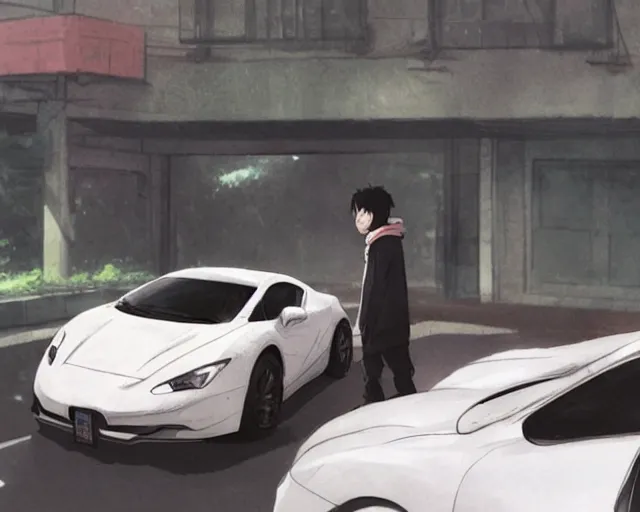 Prompt: a 50 year old brunnete chinese man getting into a white fast car, horror scene, dramatic, anime art, Greg Rutkowski, studio ghibli, dramatic lighting