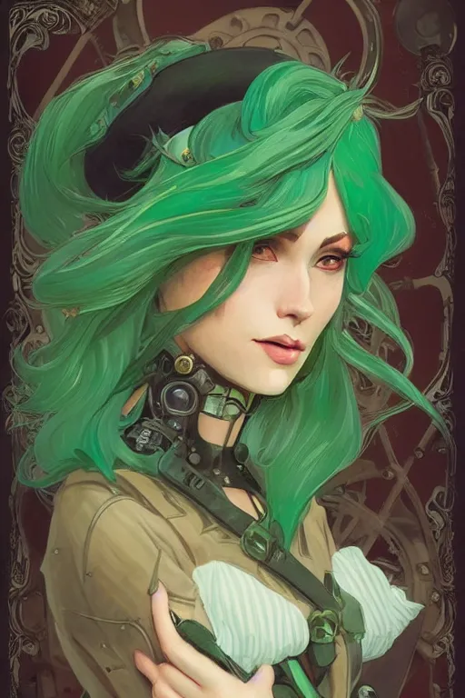 Image similar to beautiful woman with green hair as steampunk partial - cyborg, western gunslinger, smooth, sharp focus, illustration, highly detailed, digital painting, artstation, concept art, by disney animation, rossdraws, alphonse mucha, frank fanzzeta, collectible card art