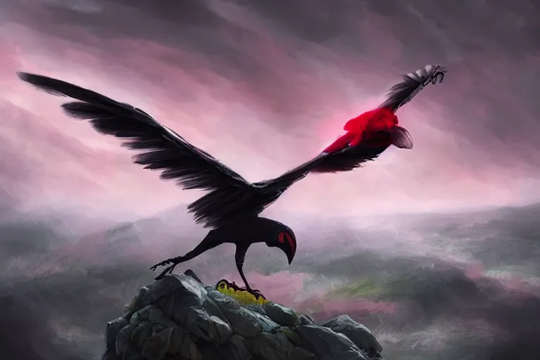 Image similar to red - eyed scary gigantic crow standing on top of a hill, looking down, holding a pink little worm in its beak, cloudy sky in the background, digital painting, epic, pokemon style, earth type pokemon, smooth, trending on artstation, professional painting, full body composition, long shot, made by greg rutkowski