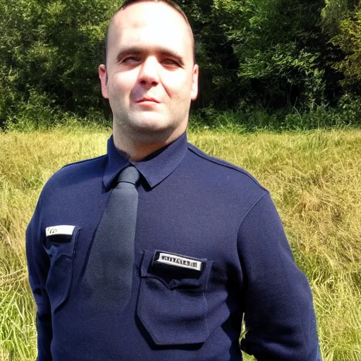 Prompt: clean - shaven chubby 3 4 year old caucasian man from uk wearing navy police sweater and necktie and black boots and police helmet. he is standing in a field.