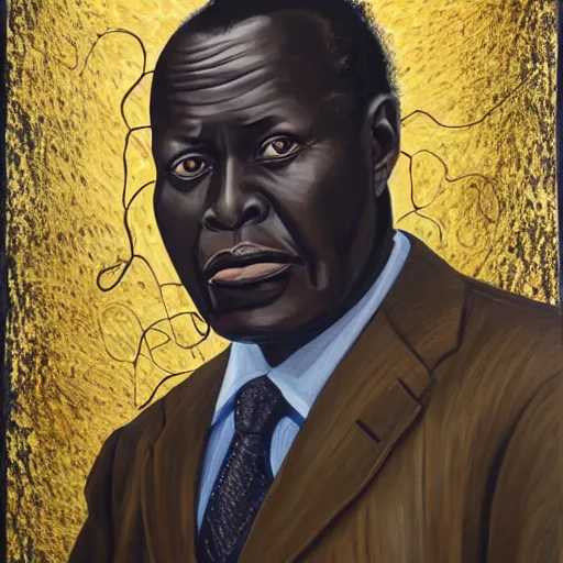 Prompt: a painting of a loving, caring fatherly wide forehead, aquiline nose, round face, XXL , generous, ever-present, humble, wise elder from Kenya in a suit by Wangechi Mutu . Fatherly/daddy, focused, loving, leader, relaxed. Gold background, heavenly lights, details, smooth, sharp focus, illustration, realistic, cinematic, artstation, award winning, rgb , unreal engine, octane render, cinematic light, macro, depth of field, blur, light and clouds, highly detailed epic cinematic concept art CG render made in Maya, Blender and Photoshop, octane render, excellent composition, dynamic dramatic cinematic lighting, aesthetic, very inspirational, arthouse.