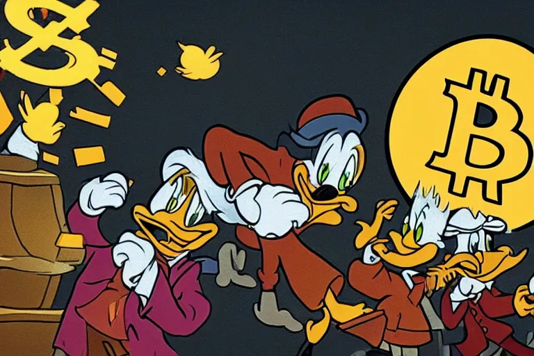 Prompt: Scrooge McDuck reacting to the Bitcoin crash, 8k, real photo, night scene, terrible