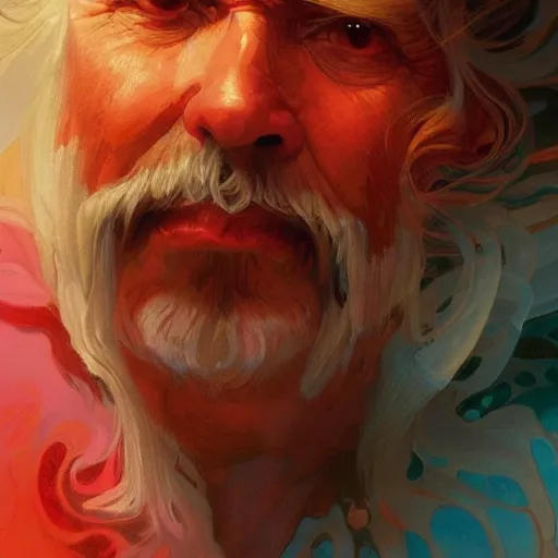 Prompt: The face of a wise but stern old man made out of swirling stormclouds in a stormy sky. Colorful, reds, yellows, blues. Beautiful, dreamy digital art by Artgerm and Greg Rutkowski and Alphonse Mucha