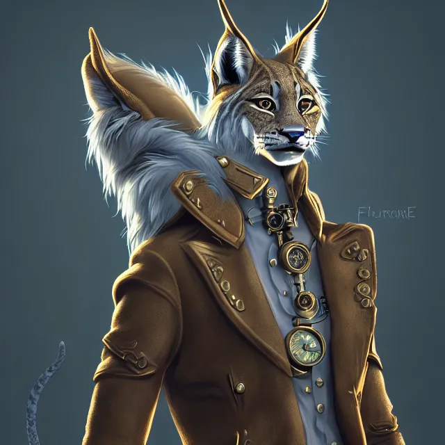 Image similar to the portrait of anthropomorphic lynx fursona wearing a steampunk suit as unimaginably beautiful, gorgeous, elegant, young lynx, an ultrafine hyperdetailed illustration by furaffinity, intricate linework, white fur, unreal engine 5 highly rendered, global illumination, radiant light, detailed and intricate environment