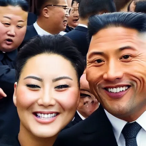 Image similar to dwayne johnson and kim jong - un, pyongyang background, selfie, phone quality,