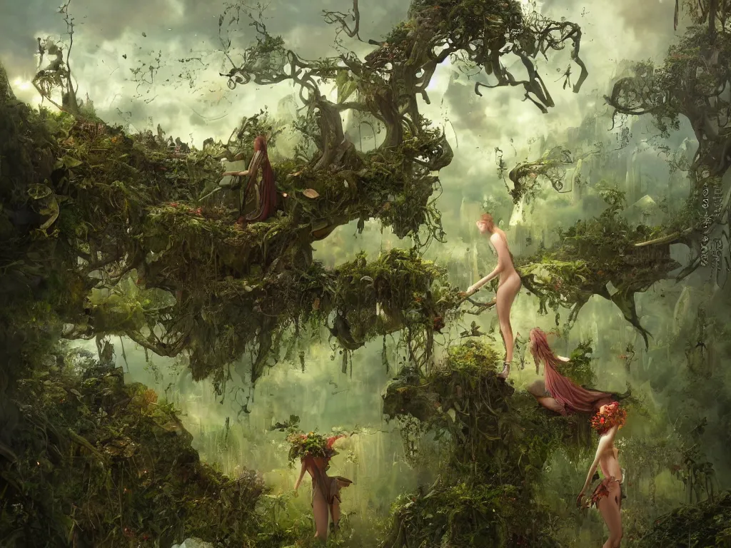 Image similar to a solarpunk very very very beautiful lush landscape of a the most beautiful nymph in a field are of broken stone words with cyborg workers picking up the broken stone and trying to put them back together, hyperrealistic, award-winning, masterpiece, in the style of Tom Bagshaw, Cedric Peyravernay, Peter Mohrbacher