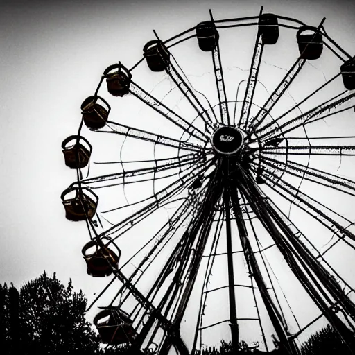 Image similar to an old abandoned rusty ferris wheel, in a town filled with pale yellow mist. Grainy. Award-winning photo. Sigma 40mm f/1.4 DG HSM