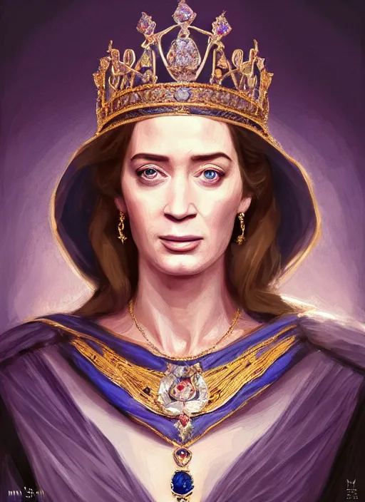 Prompt: portrait of emily blunt as queen, jewelry, greek, silk, sapphire, victorian age, 1 8 9 0, intricate, headshot, key visual, conceptart, ambient lighting, highly detailed, digital painting, artstation, concept art, sharp focus, by makoto shinkai and akihiko yoshida and greg manchess