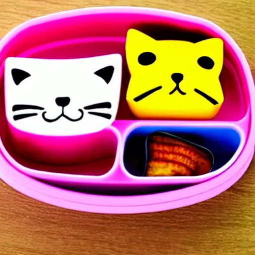 Prompt: a bento box in the shape of a cat. bright colored rush and rice make a picture of a cat in a nice little box.