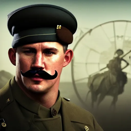 Prompt: fullbody photo of channing tatum with handlebar moustache, wearing ww 1 clothes in black beanie on head, russian villages at background, style ivan talavera and artgerm, radiant lighting, hyper realistic, photorealistic, octane render, trending on artstation, cgsociety, cinematic light, global illumination