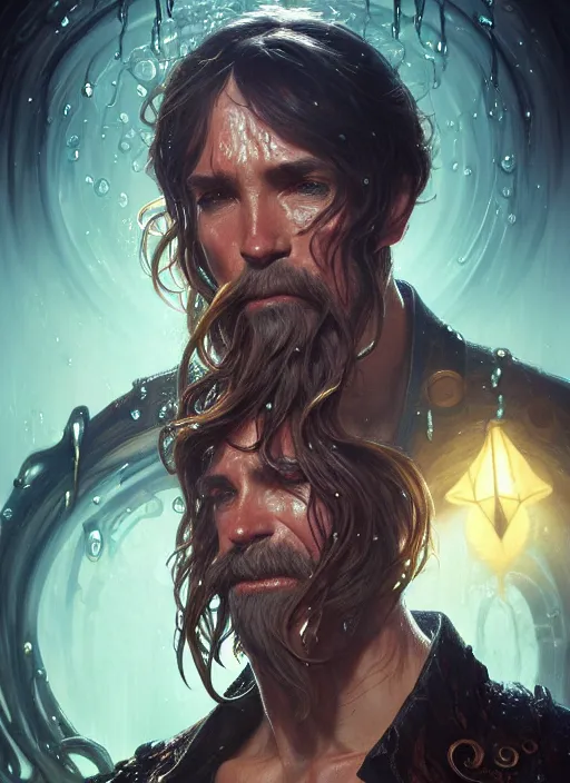 Image similar to portrait of davy jones, d & d, wet, shiny, fantasy, intricate, elegant, highly detailed, digital painting, artstation, concept art, smooth, sharp focus, illustration, art by artgerm and greg rutkowski and alphonse mucha