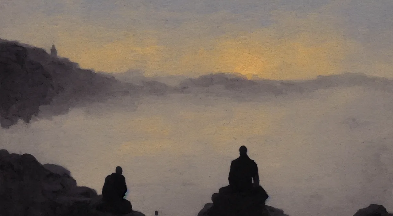 Image similar to isaac levitan painted style a lonely silhouette of a meditating monk sitting in the fog on a stone protruding from the water in the rays of the morning sun