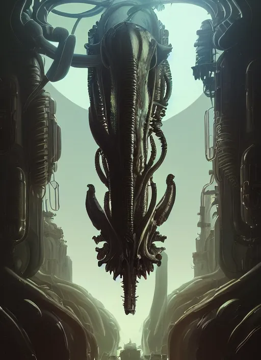 Image similar to highly detailed portrait of xenomorph, stephen bliss, unreal engine, greg rutkowski, loish, rhads, beeple, makoto shinkai and lois van baarle, ilya kuvshinov, rossdraws, tom bagshaw, alphonse mucha, global illumination, god rays, detailed and intricate environment