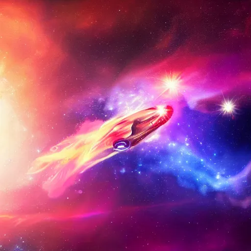 Prompt: a digital painting of a spaceship flying through a beautiful nebula, 8K, trending on art station, realistic, award winning