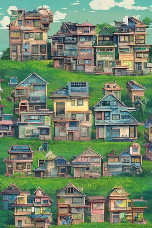 Image similar to stacked houses, solarpunk, studio ghibli