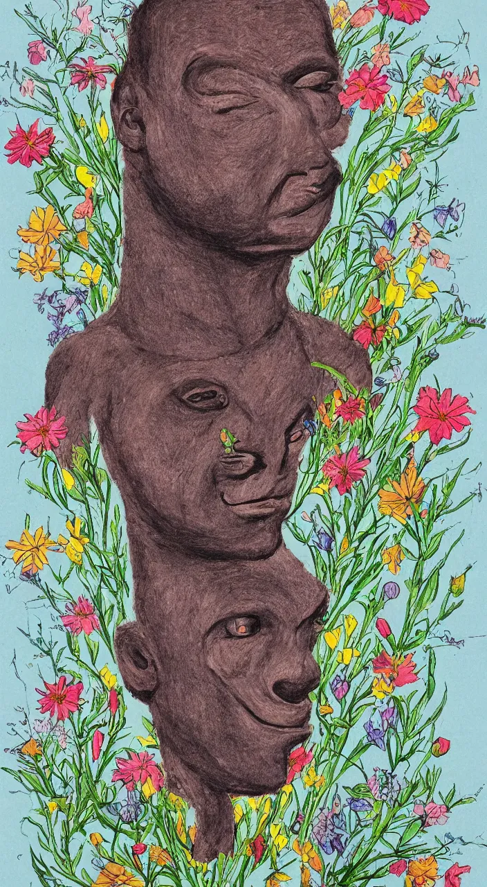 Image similar to a portrait of an ant faced man rounded by flowers, by well renowned world artist