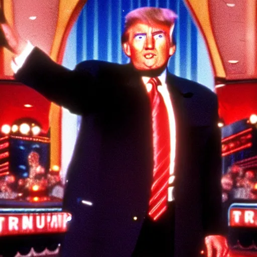 Image similar to movie still of donald trump as the gameshow host in arnold schwarzenegger's movie the running man. film quality