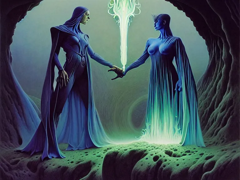 Prompt: the female arcanist and the male artificer by michael whelan and roger dean and brom and zdzisław beksinski and greg staples and donato giancola, beautiful, flowing magical robe, highly detailed, hyperrealistic, intricate, energy, electric, blue flame, low light, green crystal, high contrast, old and young, lifelike