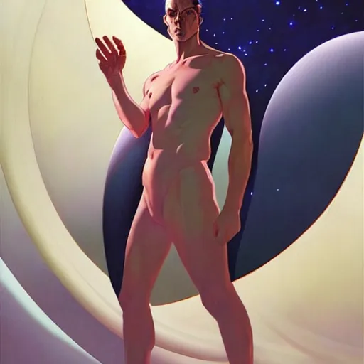 Image similar to art by joshua middleton, a tall chrome - skinned god walks the earth,