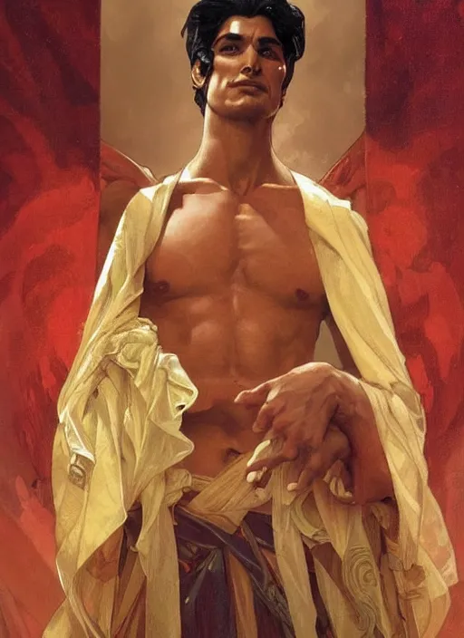 Prompt: a tall muscular man with chiseled features, black hair, and tanned skin. he wears royal robes of red and gold and his expression is a witty smirk. portrait painting by artgerm and greg rutkowski and alphonse mucha