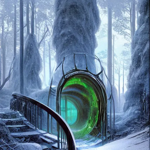 Image similar to stairs leading to a frozen derelict portal in a middle of a snowy lush futuristic forest, green lush world seen only through a portal, daylight, cinematic lighting, blue sky, syd mead, john harris