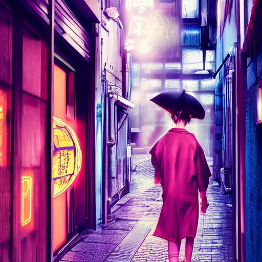 Image similar to japan narrow street with neon signs and a girl with umbrella wearing techwear, digital art, sharp focus, wlop, artgerm, beautiful, award winning, sythwave color style