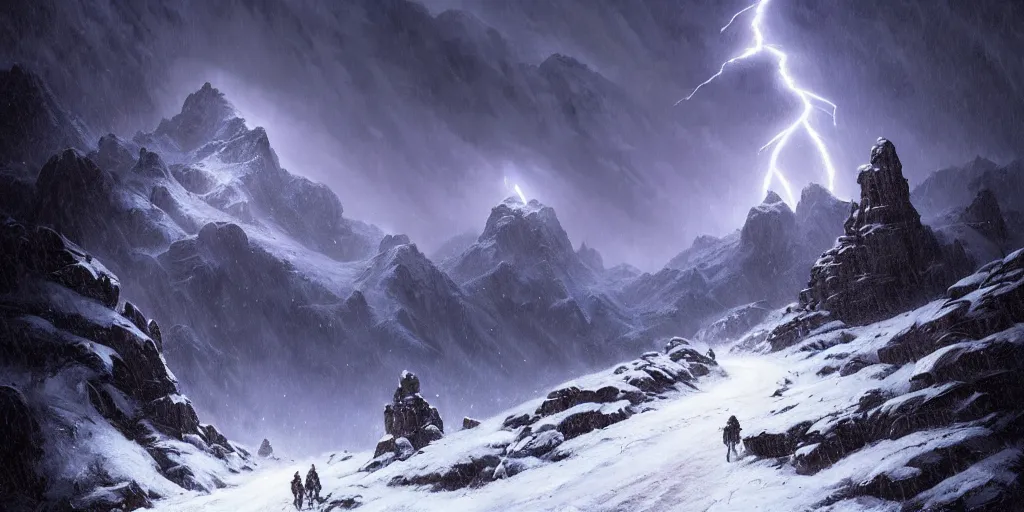 Image similar to snowy mountain trail, craggy peaks at night, lightning sky lit up, style of greg rutkowski, ominous sky, wizard battling a giant, 8 k resolution, intensely detailed oil painting, highly detailed illustration, photorealistic illustration,