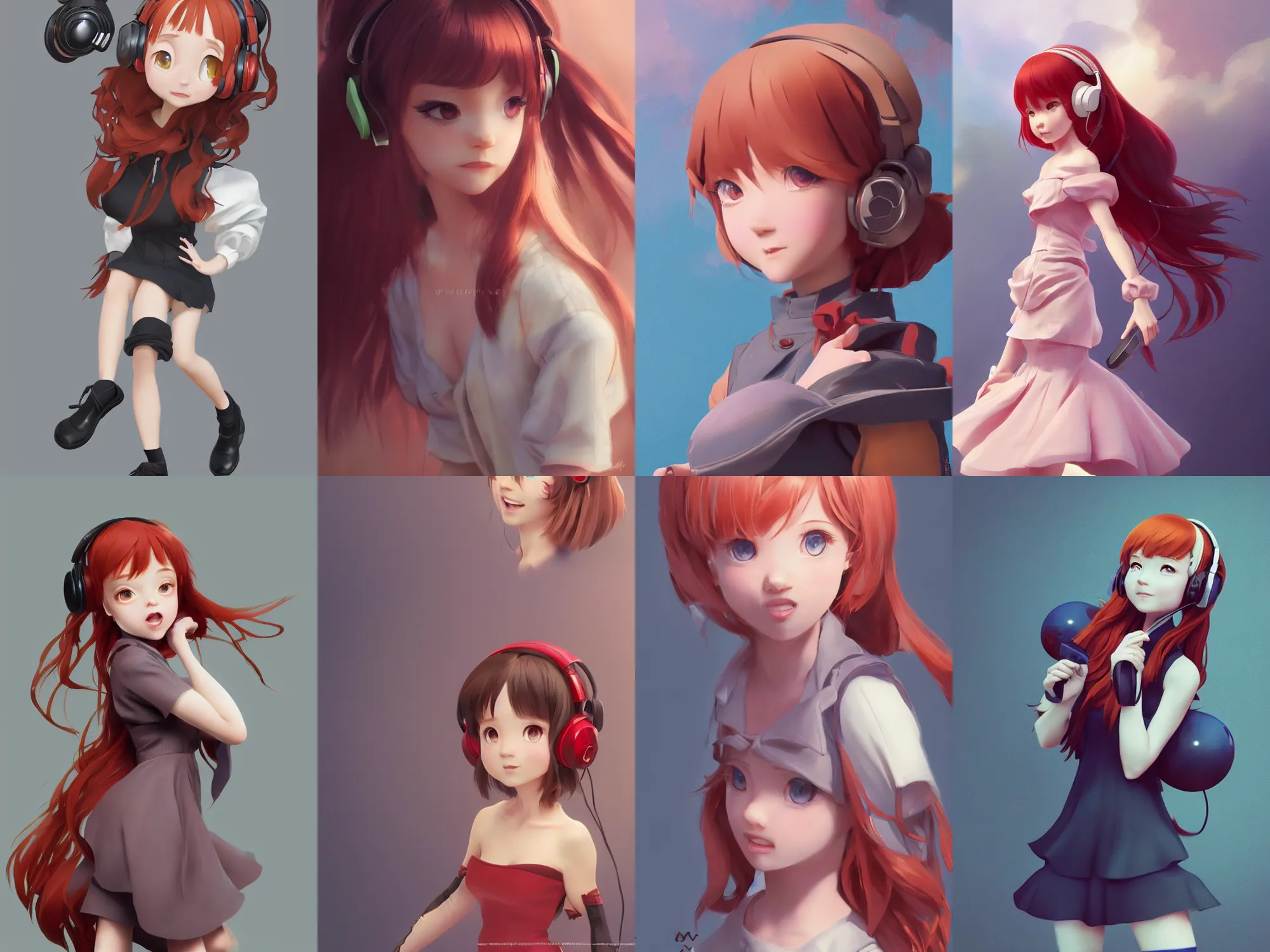 Prompt: Disney, Very complicated dynamic composition, realistic anime style at Pixiv CGSociety by WLOP, ilya kuvshinov, krenz cushart, Greg Rutkowski, trending on artstation. Zbrush sculpt colored, Octane render in Maya and Houdini VFX, cute young redhead girl in motion, she expressing joy, wearing dress, headphones, silky hair, stunning deep eyes. In cityscape. Very expressive and inspirational. Amazing textured brush strokes. Cinematic dramatic atmosphere, sharp focus, soft volumetric studio lighting.