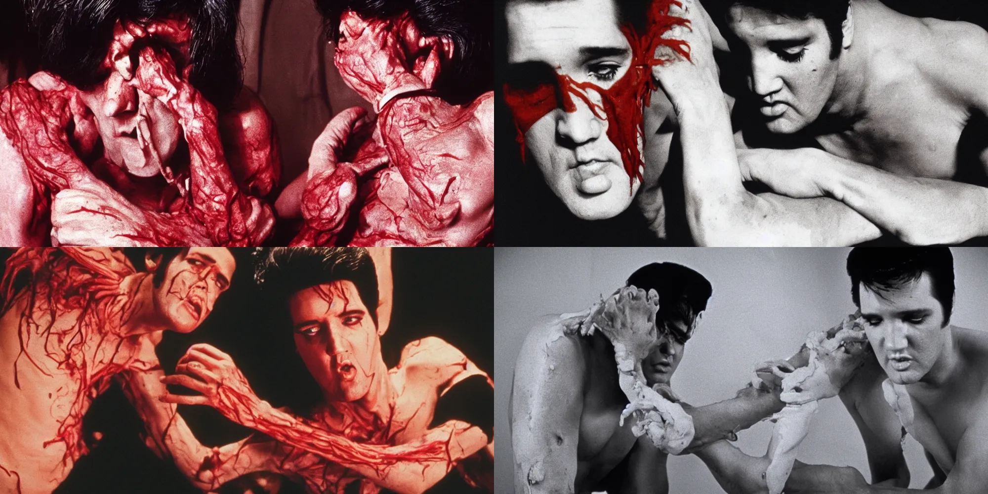 Prompt: elvis presley body horror directed by david cronenberg, limb mutations, swollen veins, red flesh strings, cinestill 8 0 0 t, 1 9 8 0 s movie still, film grain