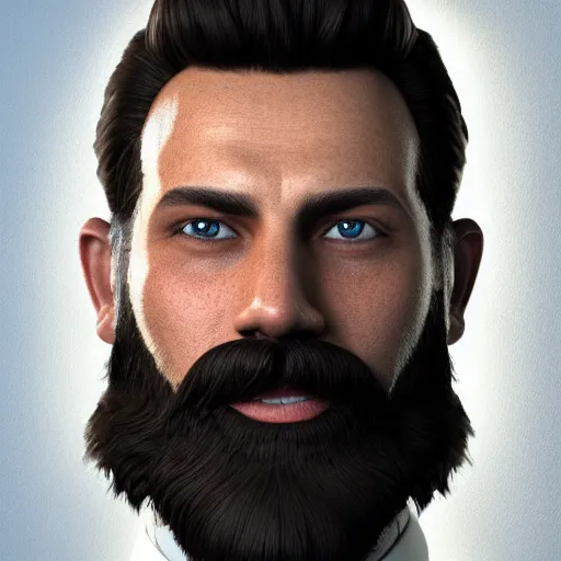 Prompt: a highly detailed portrait of a man, with a medium brown beard and hair, blue eyes, wearing a tuxedo, artstation, deviantart, professional, octane render