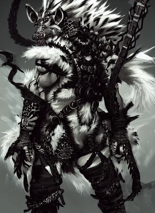 Image similar to Full body portrait of a scarred gnoll with white fur in ornate ninja garb. In style of Yoji Shinkawa and Hyung-tae Kim, trending on ArtStation, dark fantasy, great composition, concept art, highly detailed, dynamic pose.