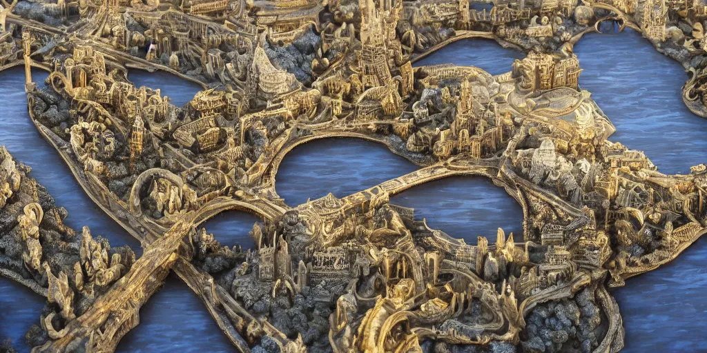 Prompt: rich fantasy city ornate, gold and marble, french elements, sand floating on a rock, shining sun, river, guilds, magic, sunlight rays, with trees and plants around Bordeaux and Britanny, trending on Artstation, 8K
