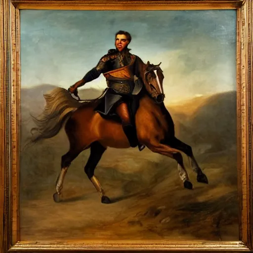 Image similar to portrait oil on canvas of a man mounted on horseback while raising a sword with his right hand pointing north, behind him in the vast distance 1 0 0 warriors can be seen fighting with swords and muskets, light, cloudy, mountains in the background,