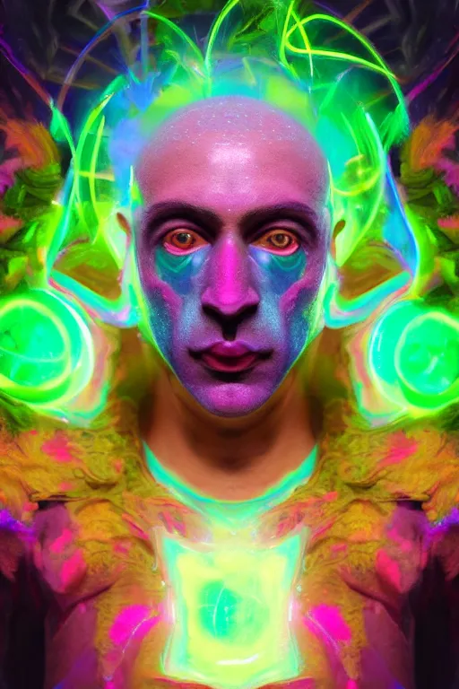 Image similar to a hyperdimensional jester, neon rainbow quartz, 4k detailed hyperrealistic digital photo by Andy Thomas, Mario Martinez, Daniel Mirante, Gustave Dore, Artstation, CGsociety