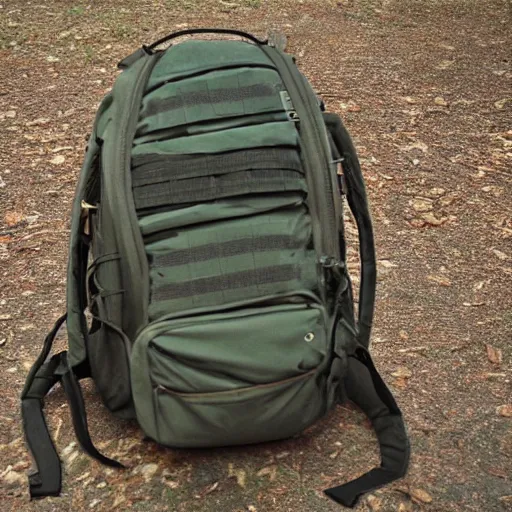 Prompt: a backpack with a rifle barrel sticking out of the top. photo taken by a 2,2mm lens, the lens has dust on it.