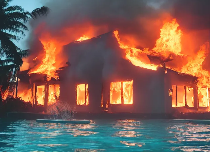 Image similar to dslr photo still of a house on fire under water at the bottom of the ocean, 8 5 mm f 1. 8